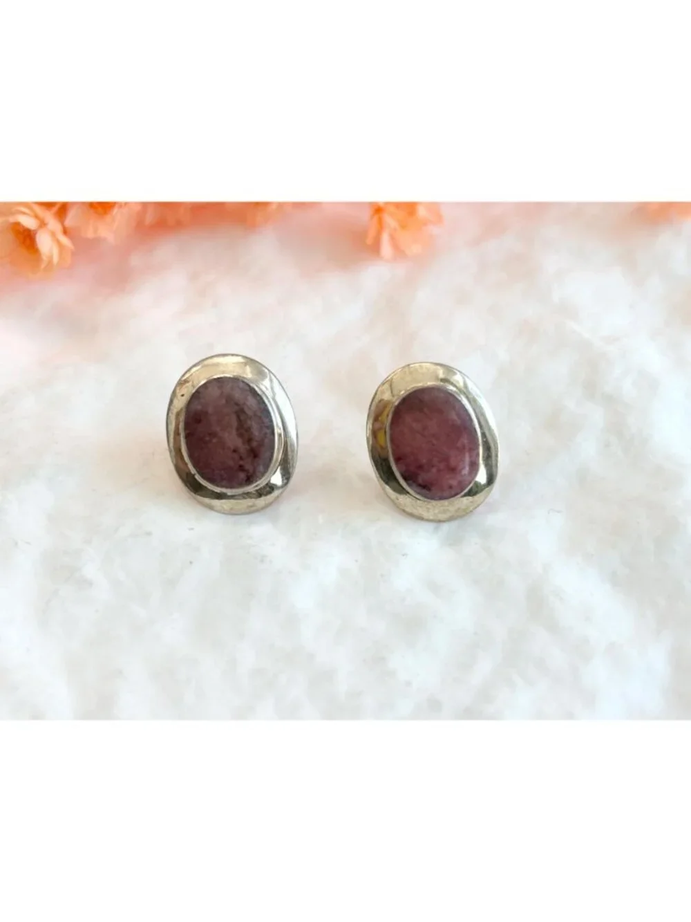 Natural Watermelon Rhodonite Gemstone Vintage Sterling Silver 925 Stud Earrings